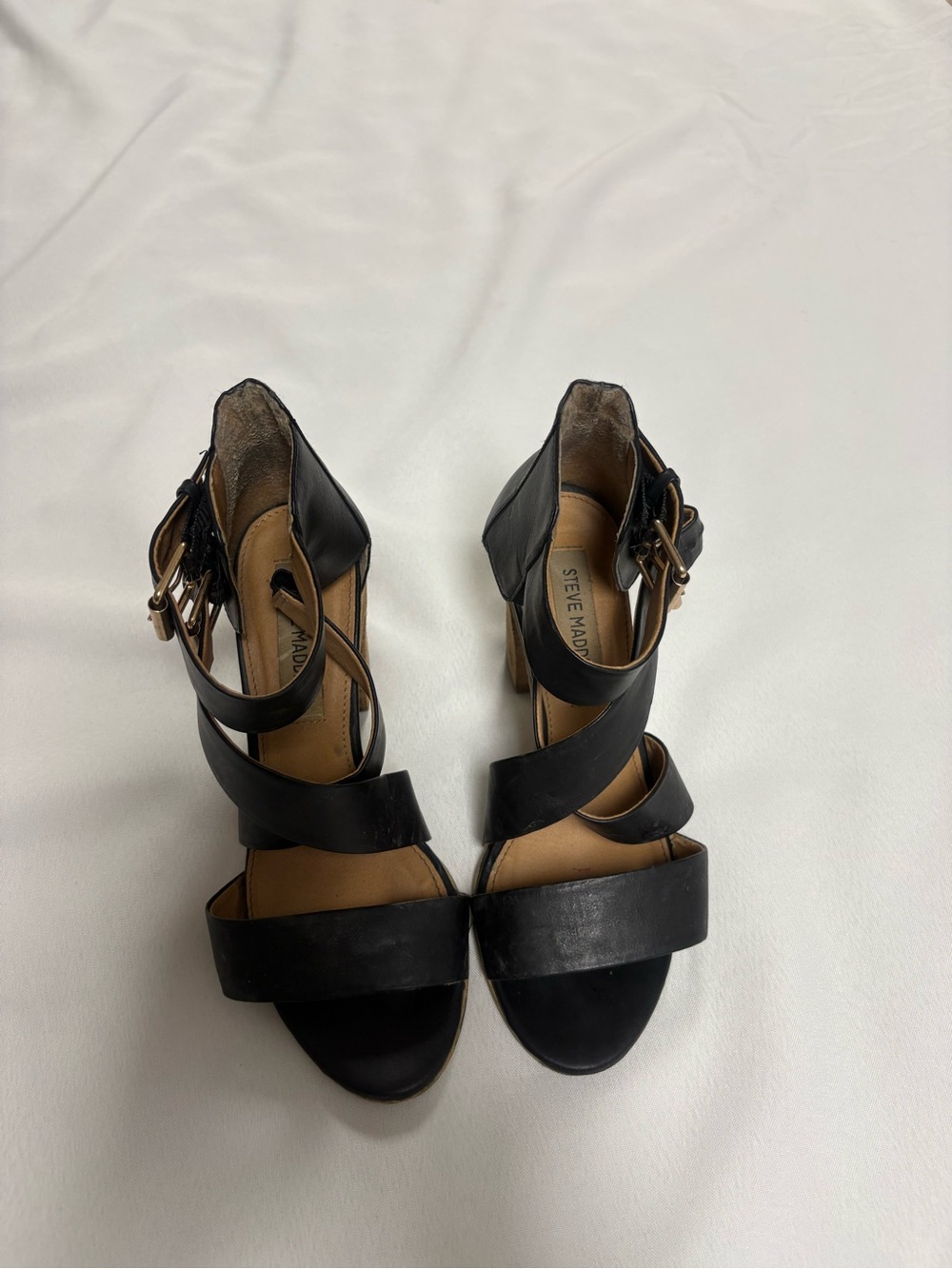Steve Madden Black Strappy Block Heel Sandals with Ankle Buckle